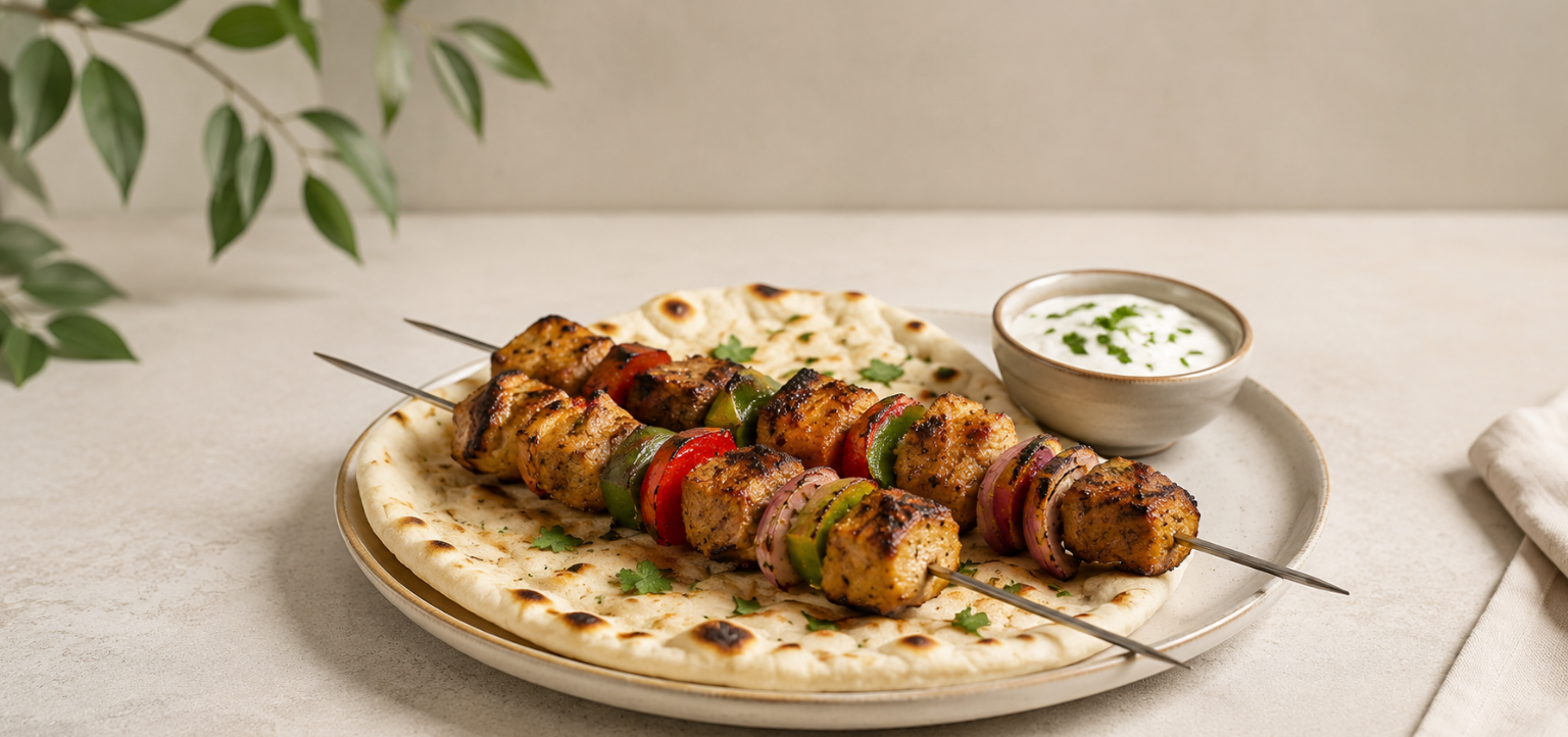 Grilled chicken kabobs served on naan with yogurt dipping sauce