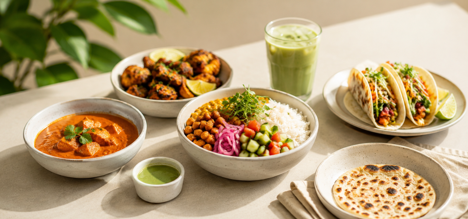 Healthy post workout meal with grilled chicken bowl tacos curry and fresh sides