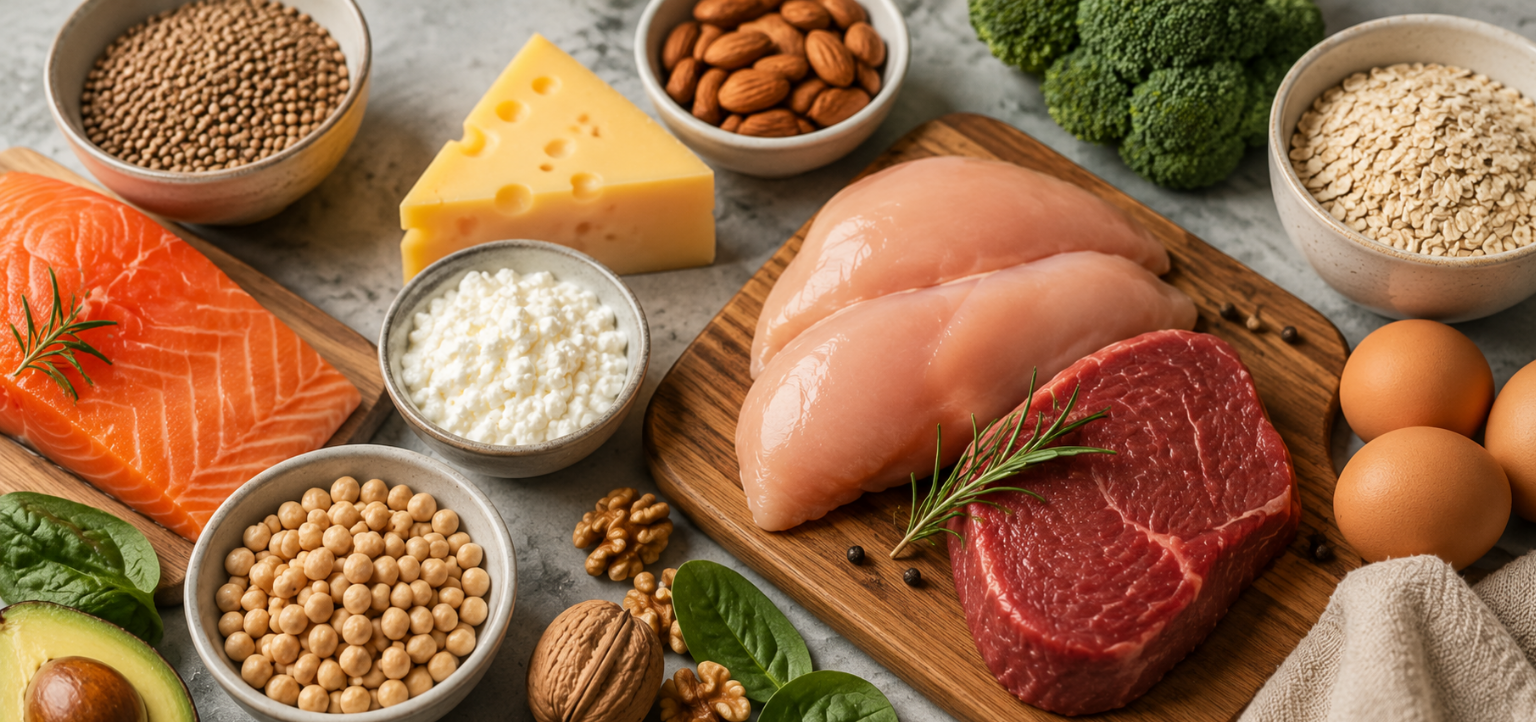 Assorted protein foods including salmon, chicken, beef, eggs, cheese, nuts, and legumes on a countertop.