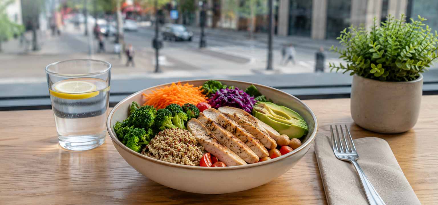 Grilled chicken protein bowl with quinoa fresh vegetables and avocado