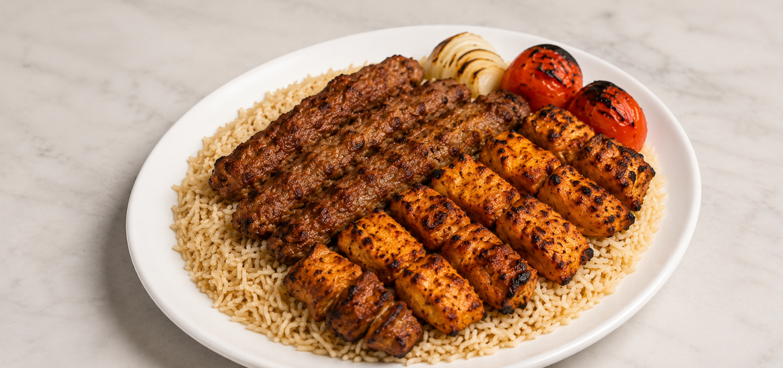 White plate of grilled beef and chicken kebabs served over rice, with grilled tomato and onion on a marble surface.