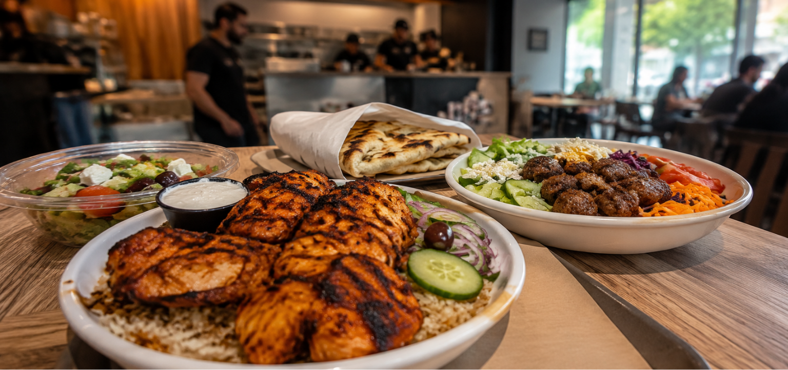 Restaurant table with grilled chicken, a Greek salad, a wrapped pita, and a meatball bowl with vegetables, staff working in the background.