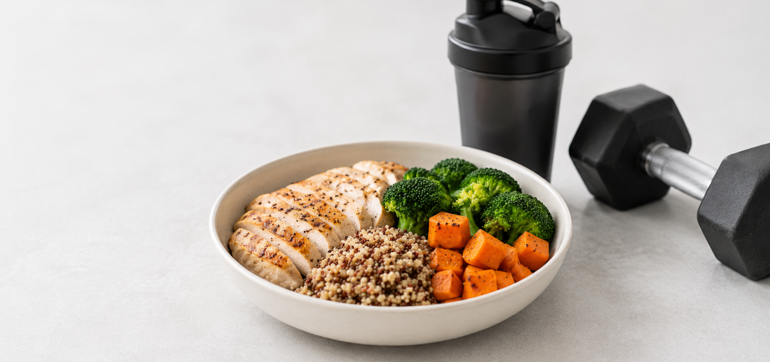 Bowl of sliced grilled chicken, quinoa, broccoli, and sweet potato beside a black shaker bottle and dumbbell on a light gray surface.