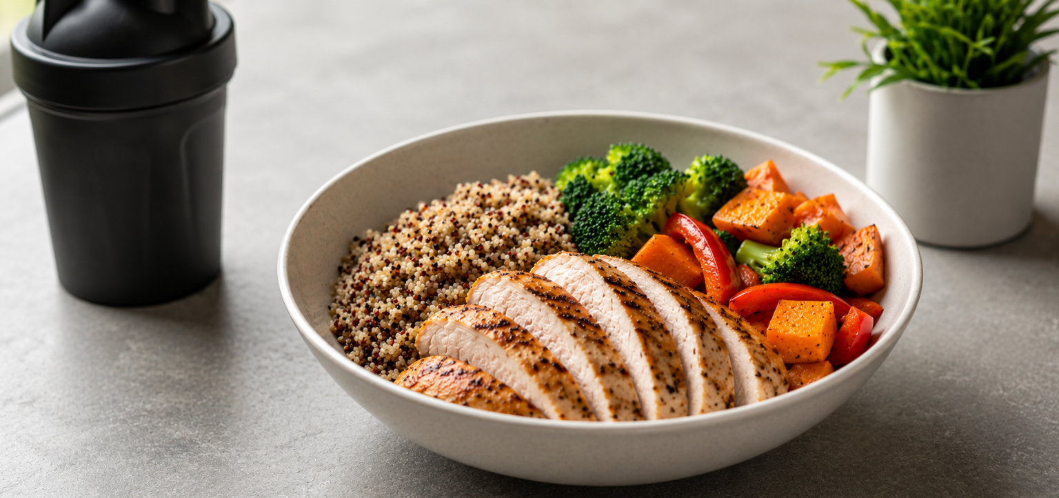Bowl of sliced grilled chicken, quinoa, broccoli, and roasted vegetables next to a black shaker bottle and small plant on a countertop.