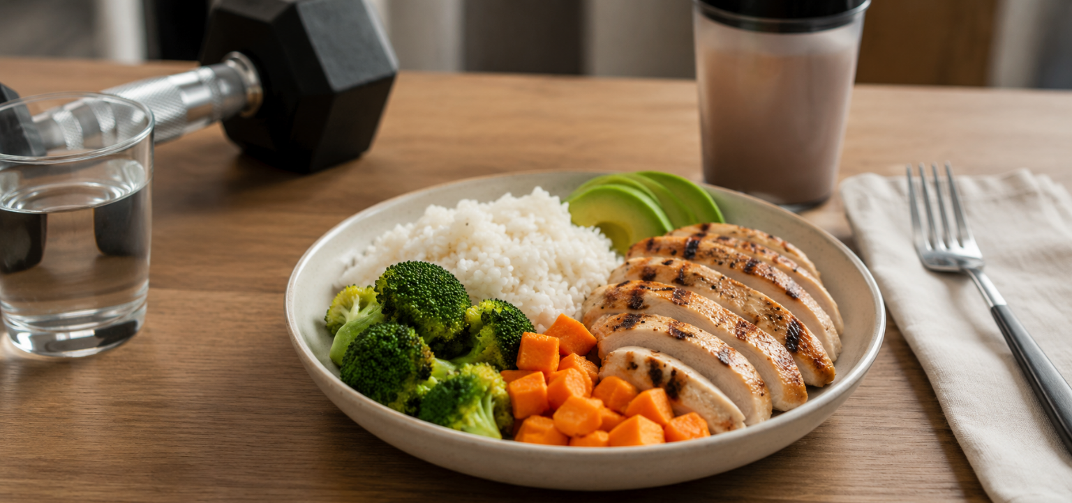 Plate of grilled chicken, rice, broccoli, sweet potato, and avocado on a wooden table beside a dumbbell, water glass, and protein shake.