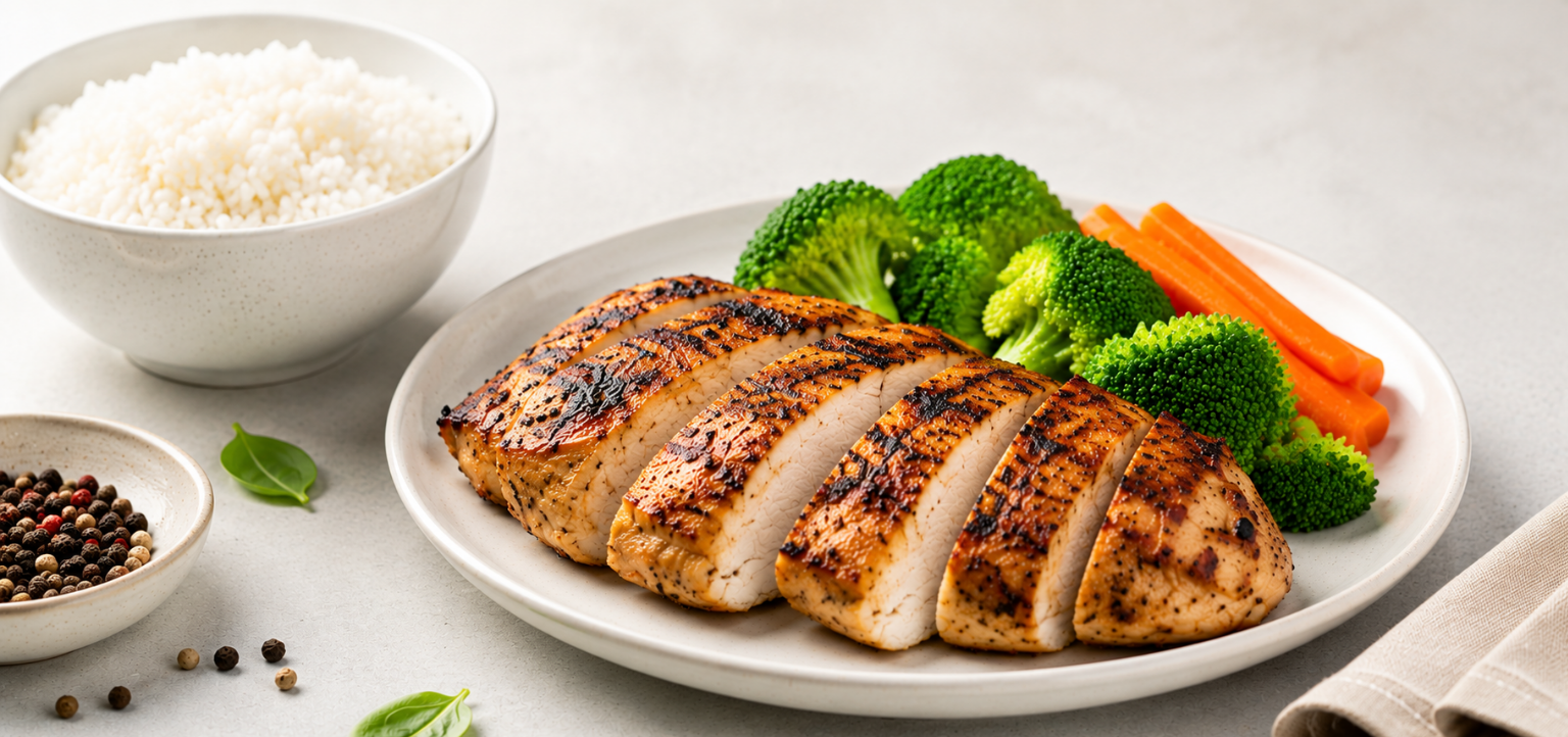 Plate of sliced grilled chicken with broccoli and carrots, beside a bowl of white rice and a small dish of peppercorns.