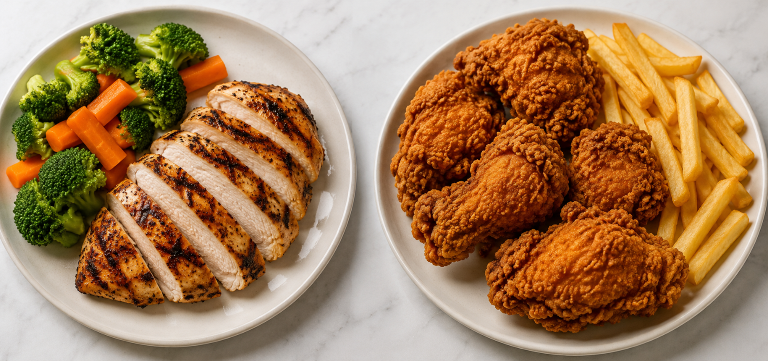 Side-by-side comparison of grilled chicken with broccoli and carrots on one plate, and fried chicken with french fries on another.