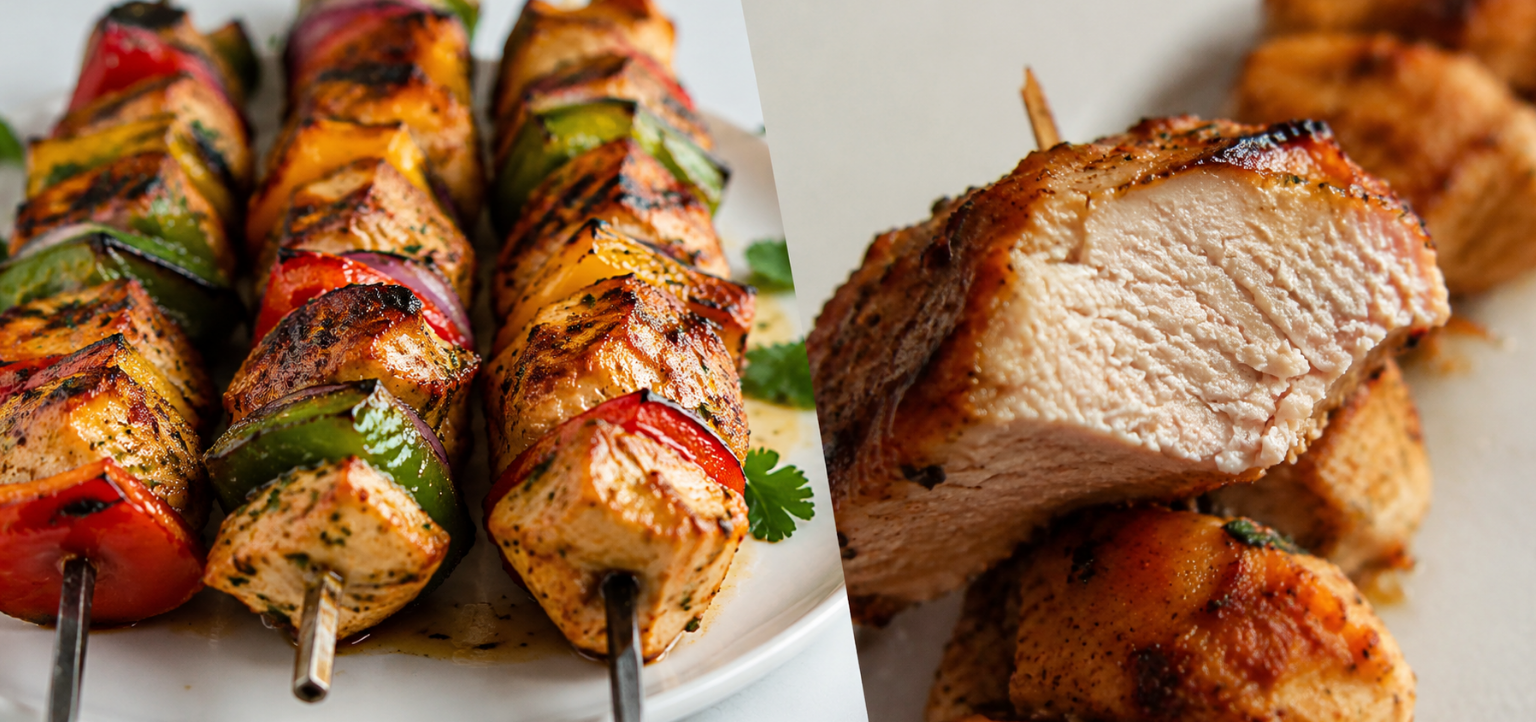 Grilled chicken kabobs and sliced chicken breast