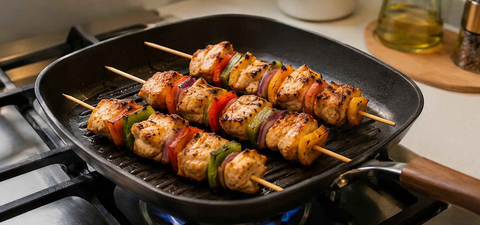 Grilled chicken kabobs reheating in a grill pan