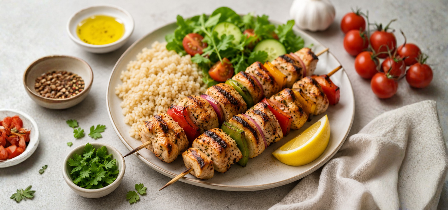 Grilled chicken kabobs with quinoa and fresh salad