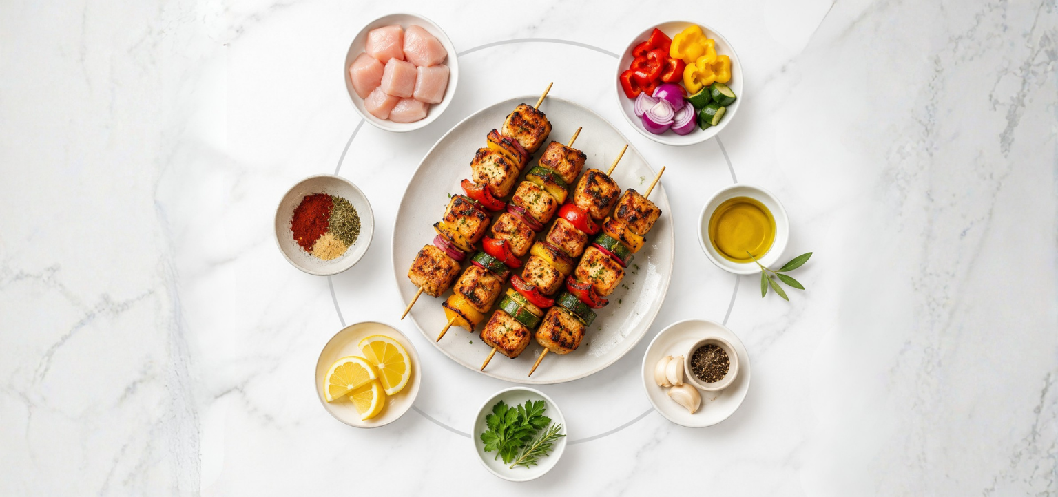 Charcoal grilled chicken kabobs with fresh ingredients