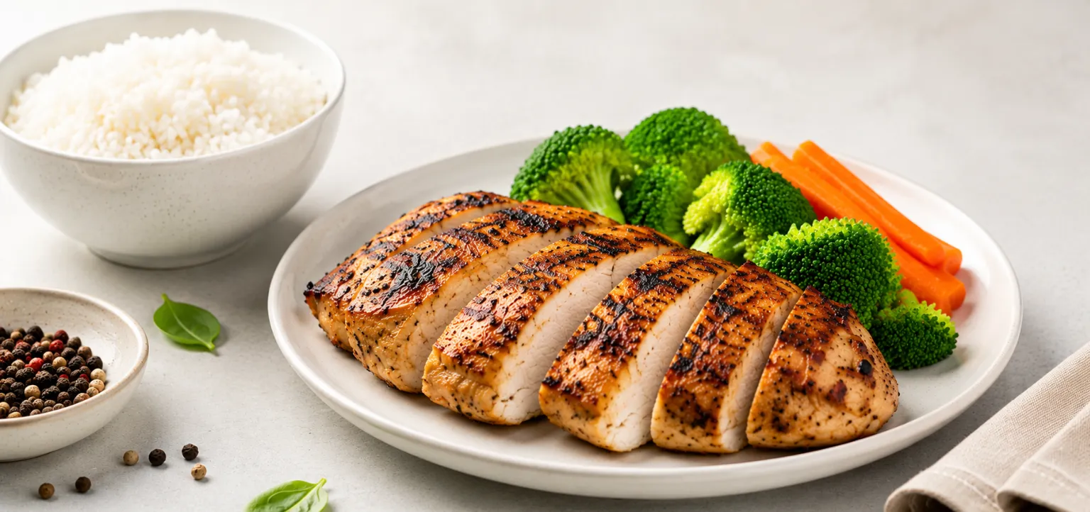 Grilled chicken breast with broccoli, carrots and rice